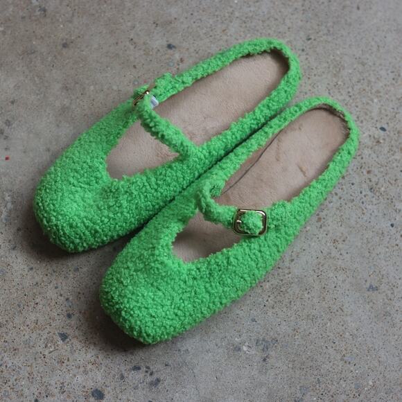 Shoes - Lime Green Teddy Mary Jane Flats Furry Bouclé Ballet Shoes Cozy Slippers